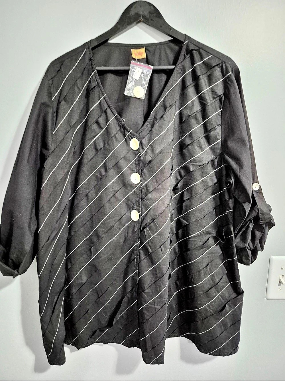 Tulip Striped Cotton Laganlook art to wear button up Blouse Black XL NWT